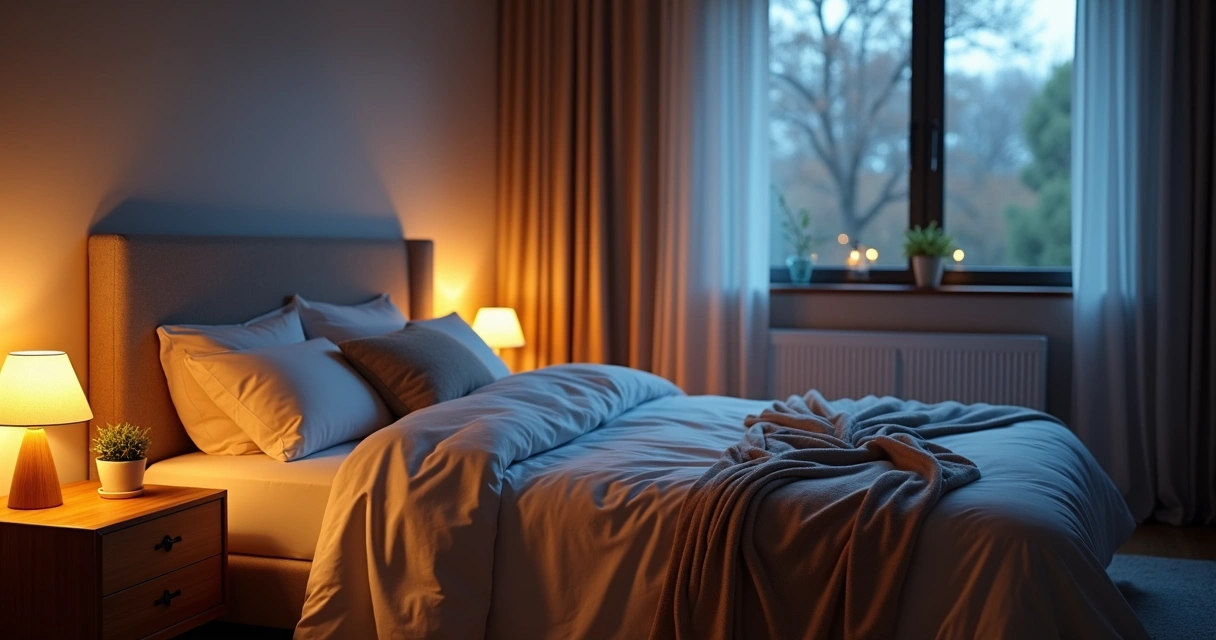 Quarto com luz baixa, cama arrumada e ambiente relaxante 