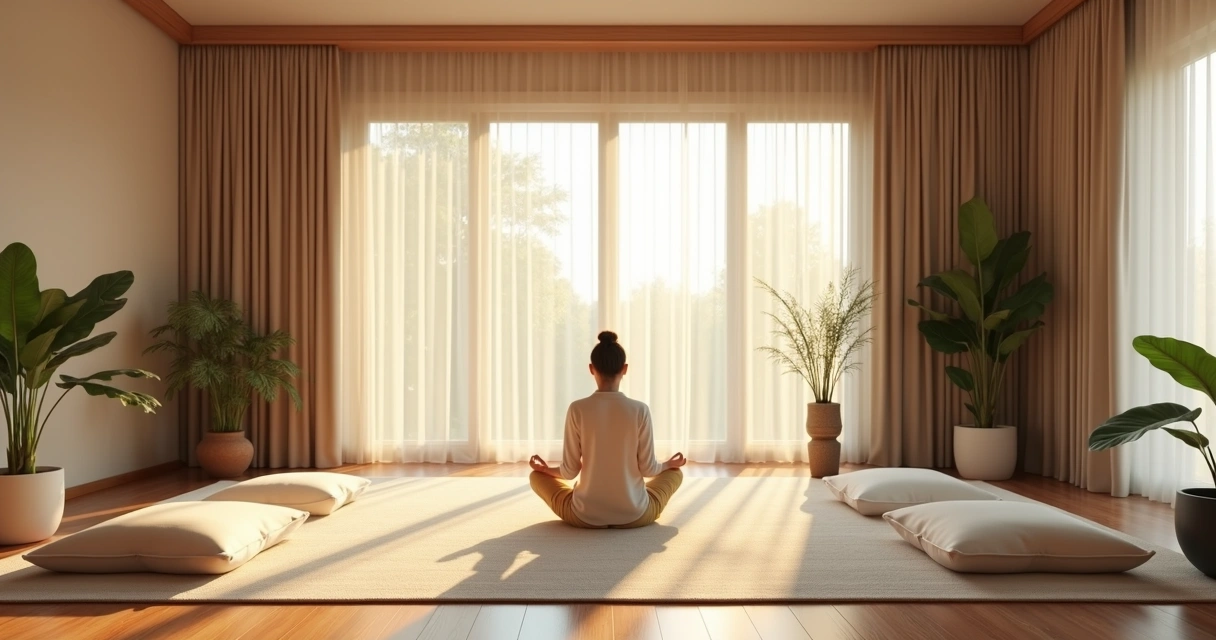 Habitación armoniosa y ordenada con almohadones y luz cálida para meditar. 
