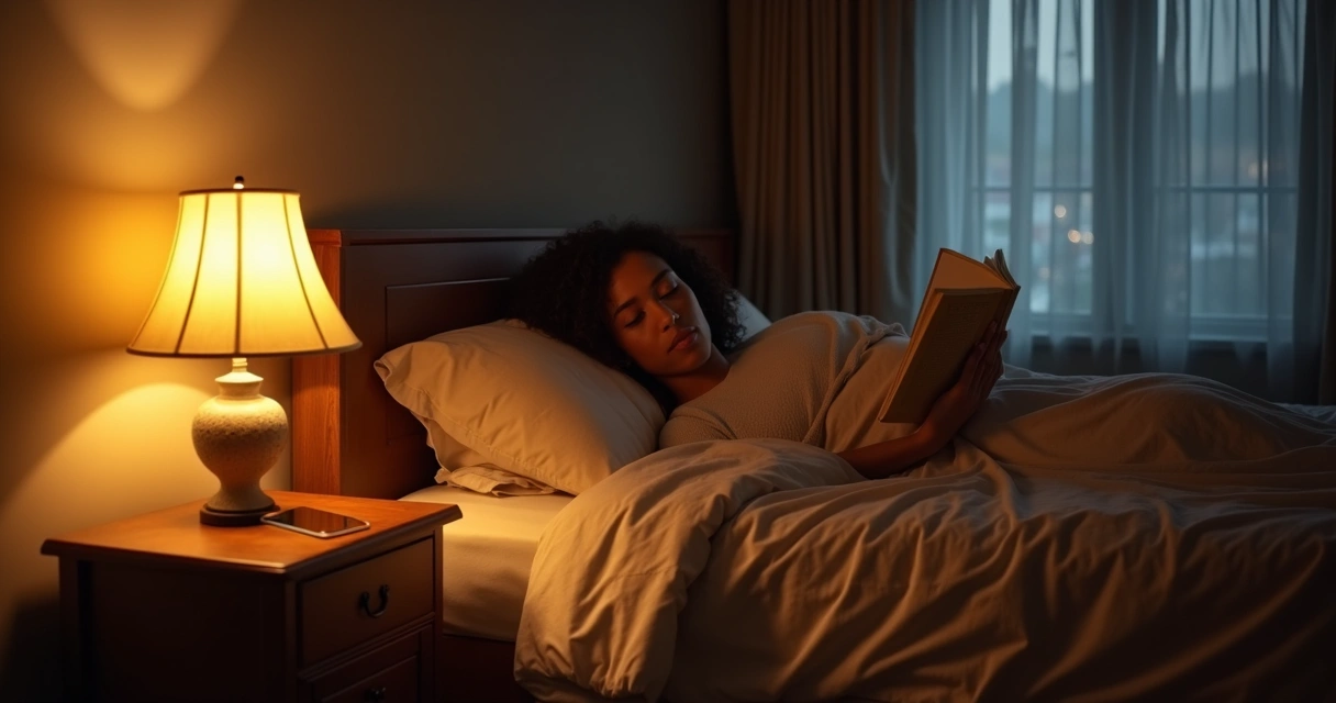 Persona leyendo un libro en la cama con luz suave