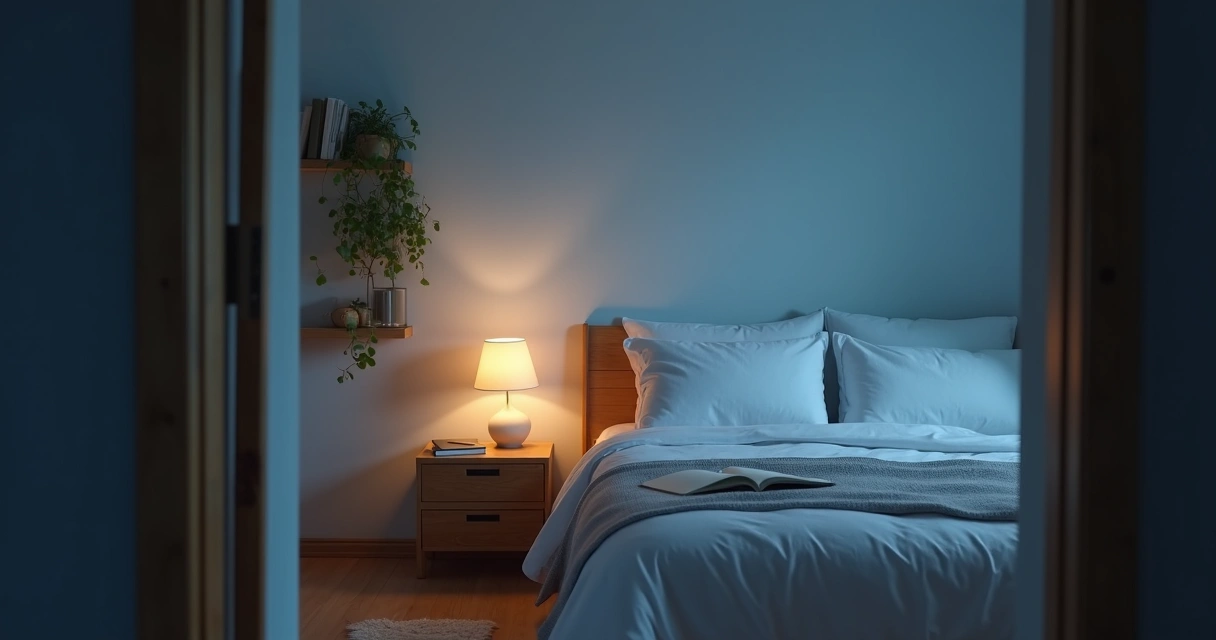 Habitación relajante con luces tenues y cama lista para dormir 