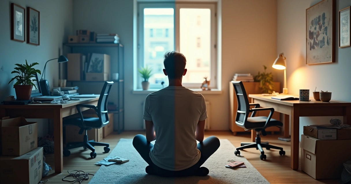 Habitación con zona caótica y zona ordenada reflejando estados internos 