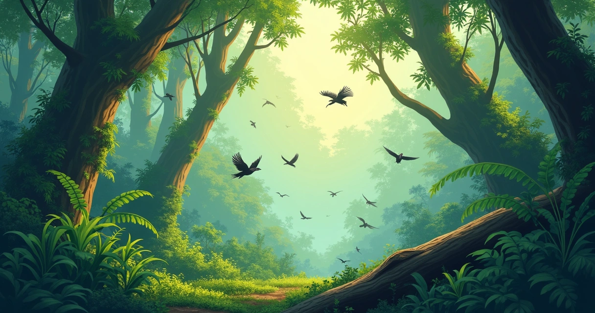 Habitat do Microraptor em floresta pré-histórica 