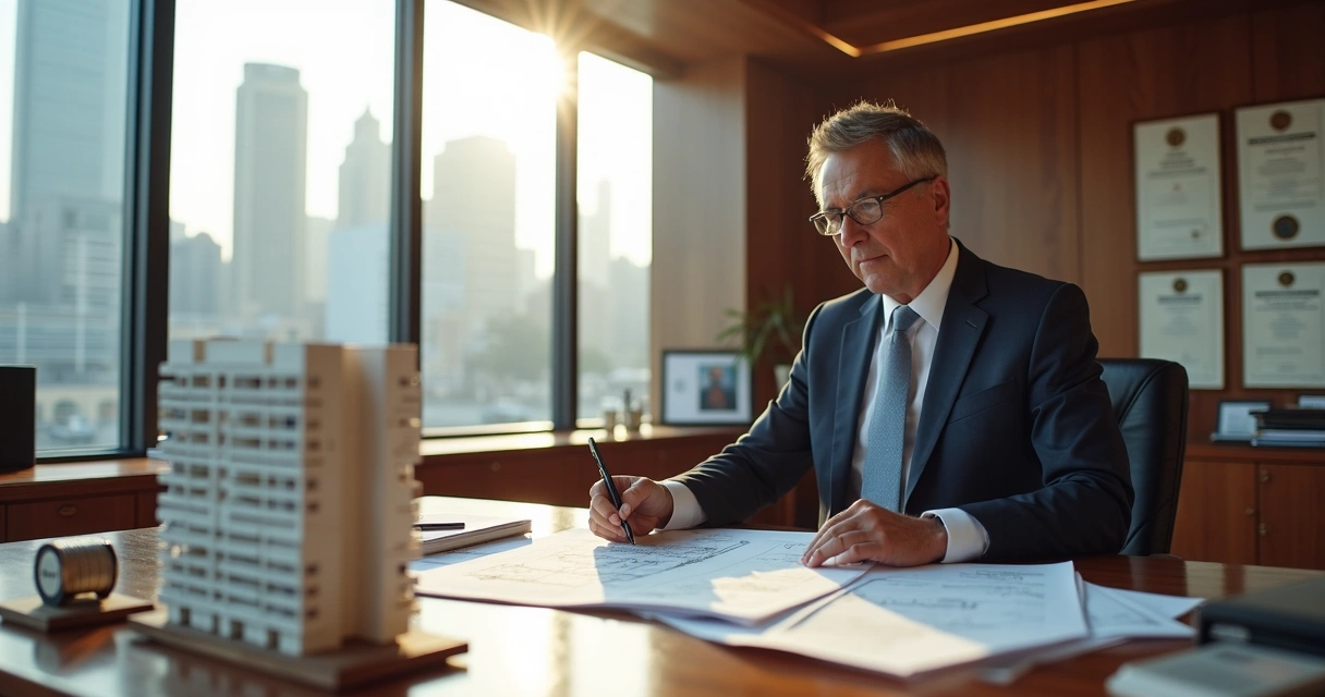 Servidor municipal avaliando documentação da obra em balcão de prefeitura 