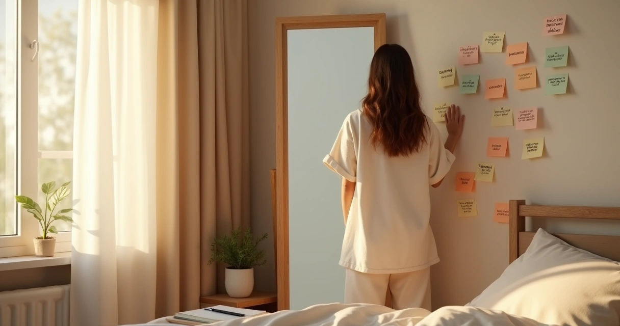 Persona observando su reflejo en un espejo con notas de autoconciencia alrededor 