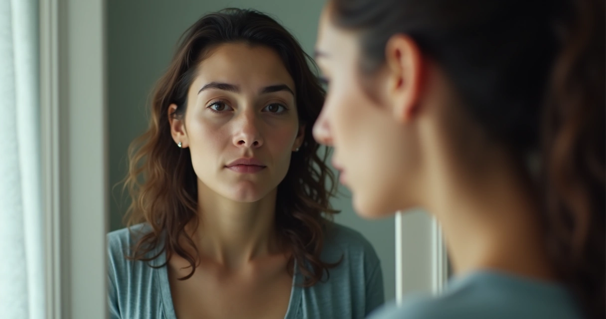 Persona mirando al espejo con gesto serio, reflejando dos versiones diferentes de sí mismo 