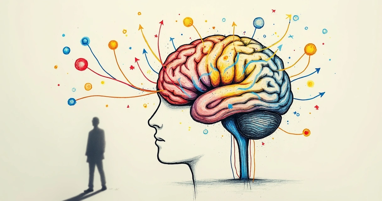 Desenho colorido de um cérebro com caminhos circulares ilustrando padrões automáticos 