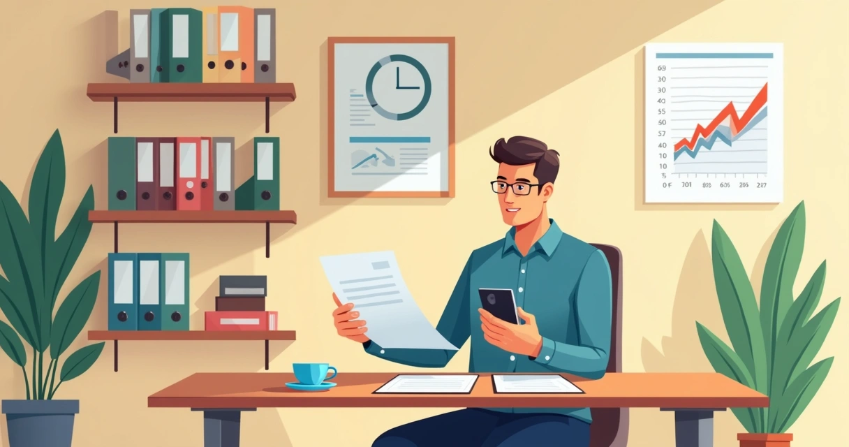 Homem consultando planilha no celular enquanto toma café na mesa da empresa 