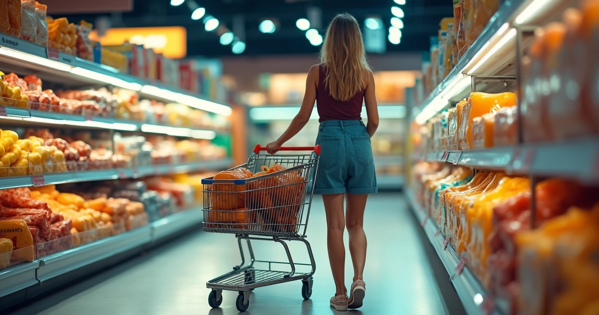 Pessoa empurrando carrinho de supermercado por corredor colorido 