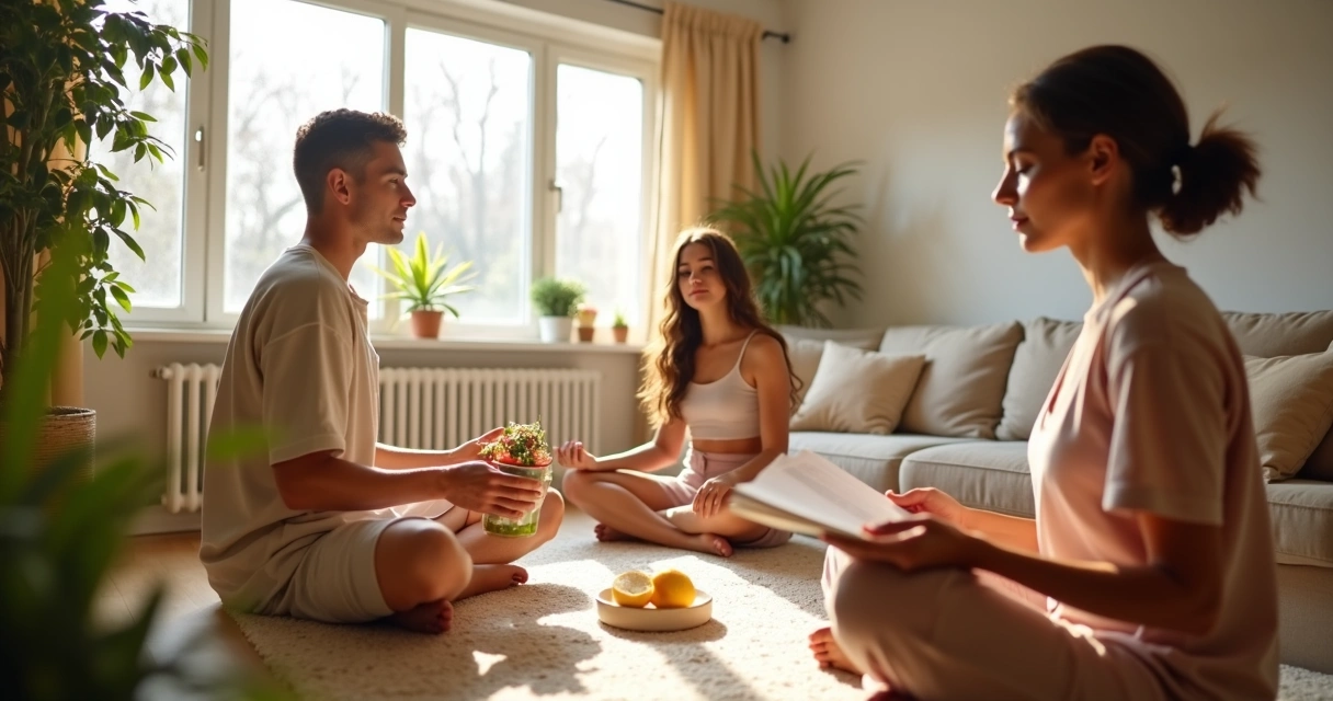 Pessoas de diferentes idades praticando autocuidado pessoal em casa 