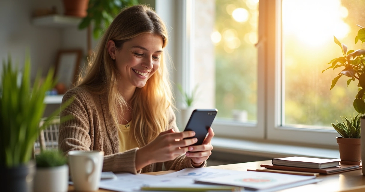 Pessoa sorrindo enquanto faz investimento digital pelo celular 