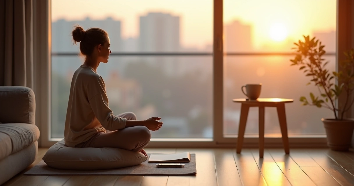 Pessoa sentada perto da janela praticando reflexão silenciosa pela manhã 