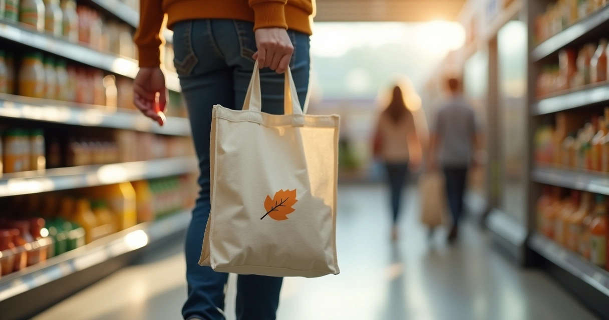 Pessoa segurando uma sacola reutilizável em mercado 