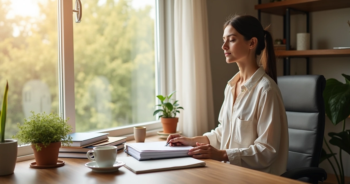 Persona organizando su mesa de trabajo junto a una ventana con luz natural 
