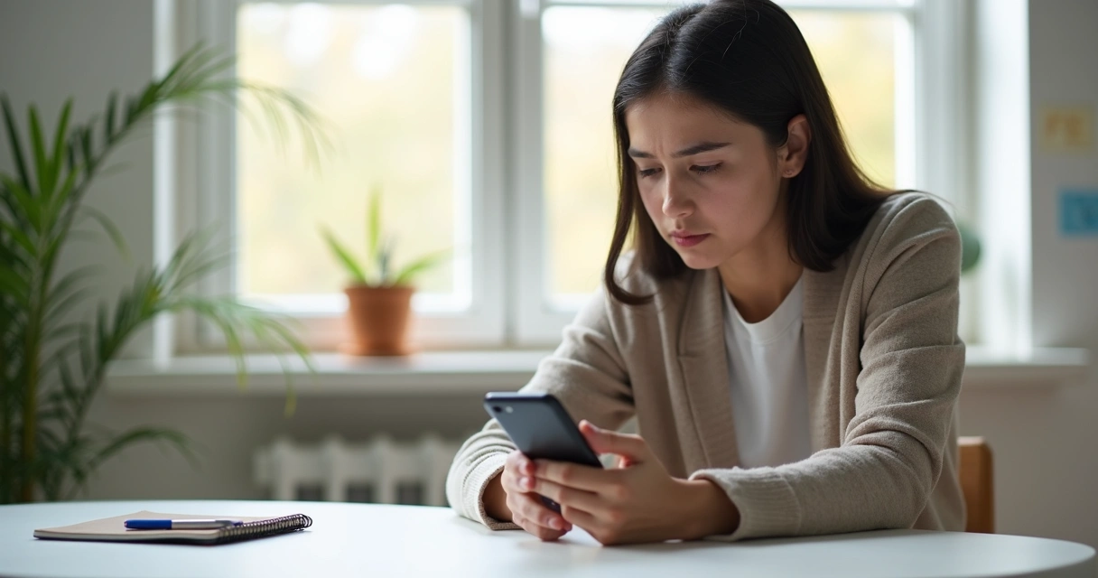 Pessoa segurando celular e refletindo antes de desbloquear