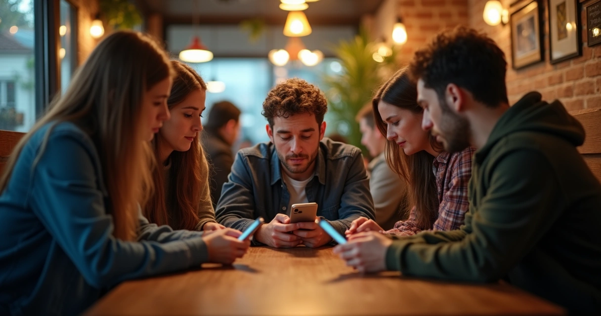 Persona usando su teléfono móvil mientras ignora a otros en una cafetería. 