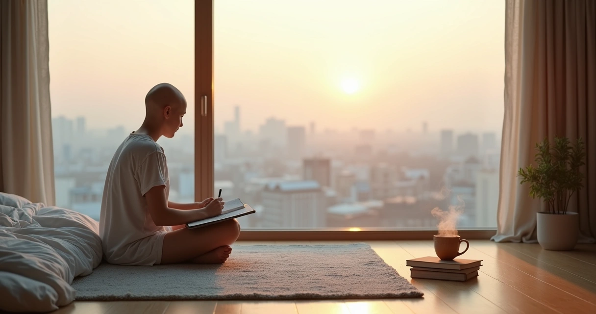 Persona sentada junto a la ventana escribiendo en un cuaderno al amanecer 