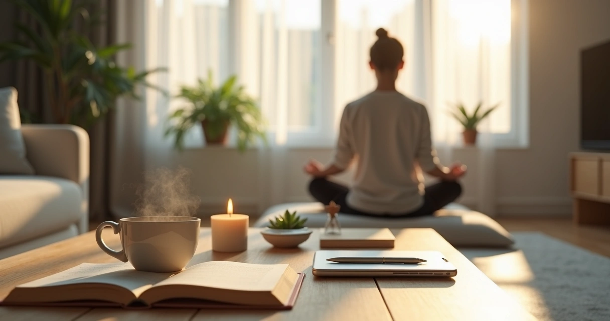 Pessoa em casa meditando com objetos do dia a dia ao redor 