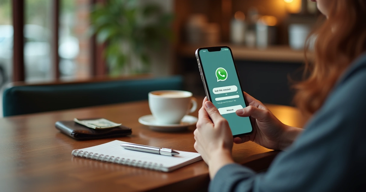 Pessoa anotando gastos no celular usando o WhatsApp em uma cafeteria. 