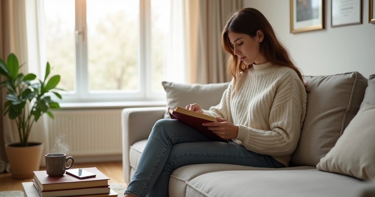 Pessoa lendo livro em sofá confortável com pilha de livros e xícara ao lado 