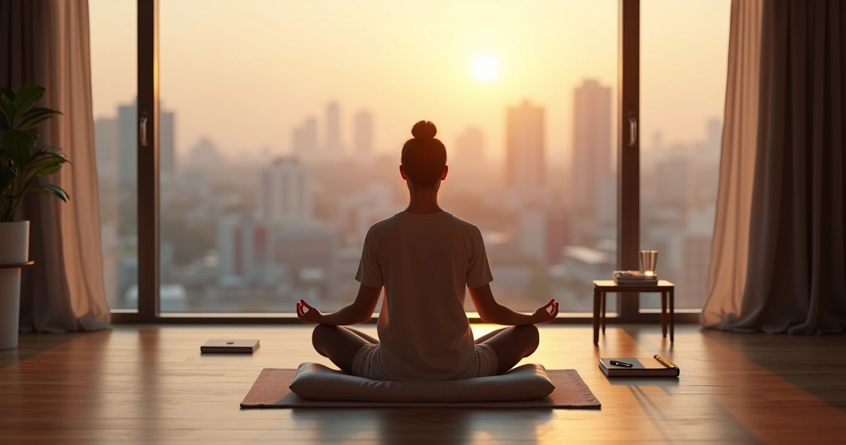 Pessoa meditando ao amanhecer diante de janela com cidade ao fundo 