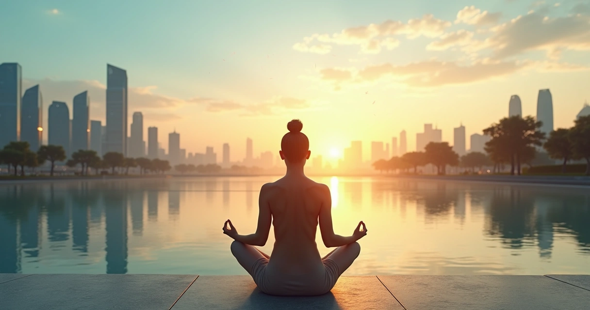 Persona meditando frente a una ciudad futura luminosa 