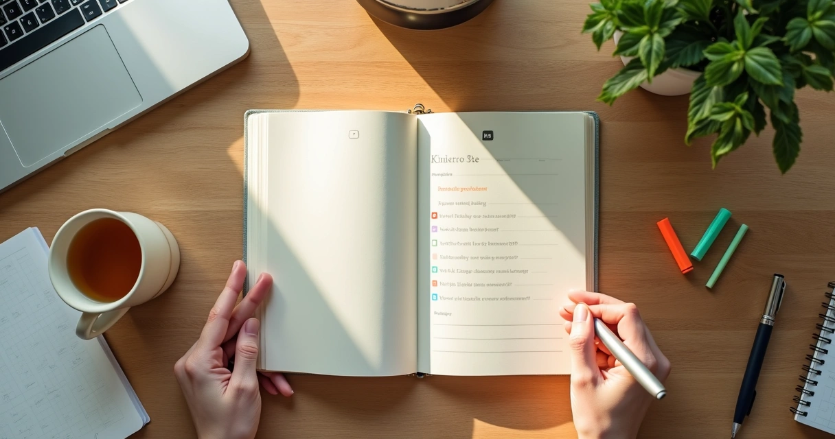 Pessoa marcando pequenos hábitos diários em um planner sobre uma mesa organizada 