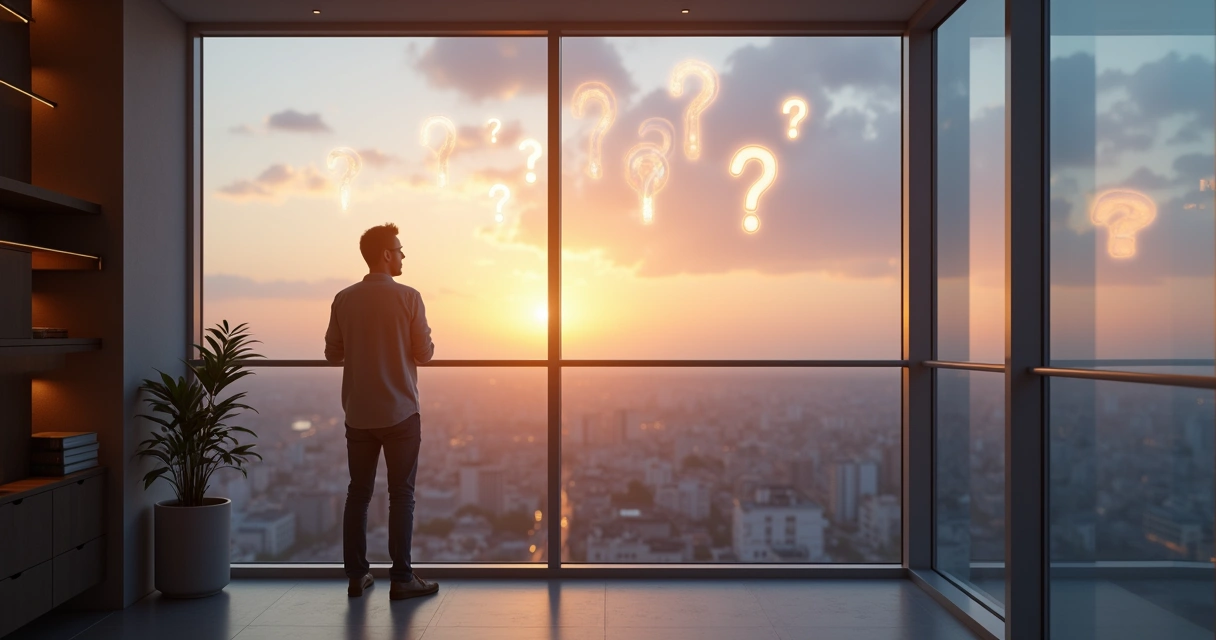 Persona observa múltiples preguntas flotando sobre una ciudad al amanecer 