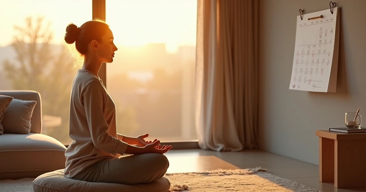 Pessoa sentada meditando em frente a janela com sol nascendo e calendário de 30 dias ao lado 