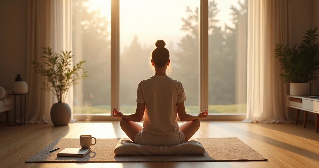 Persona sentada meditando frente a una ventana con luz suave al amanecer 