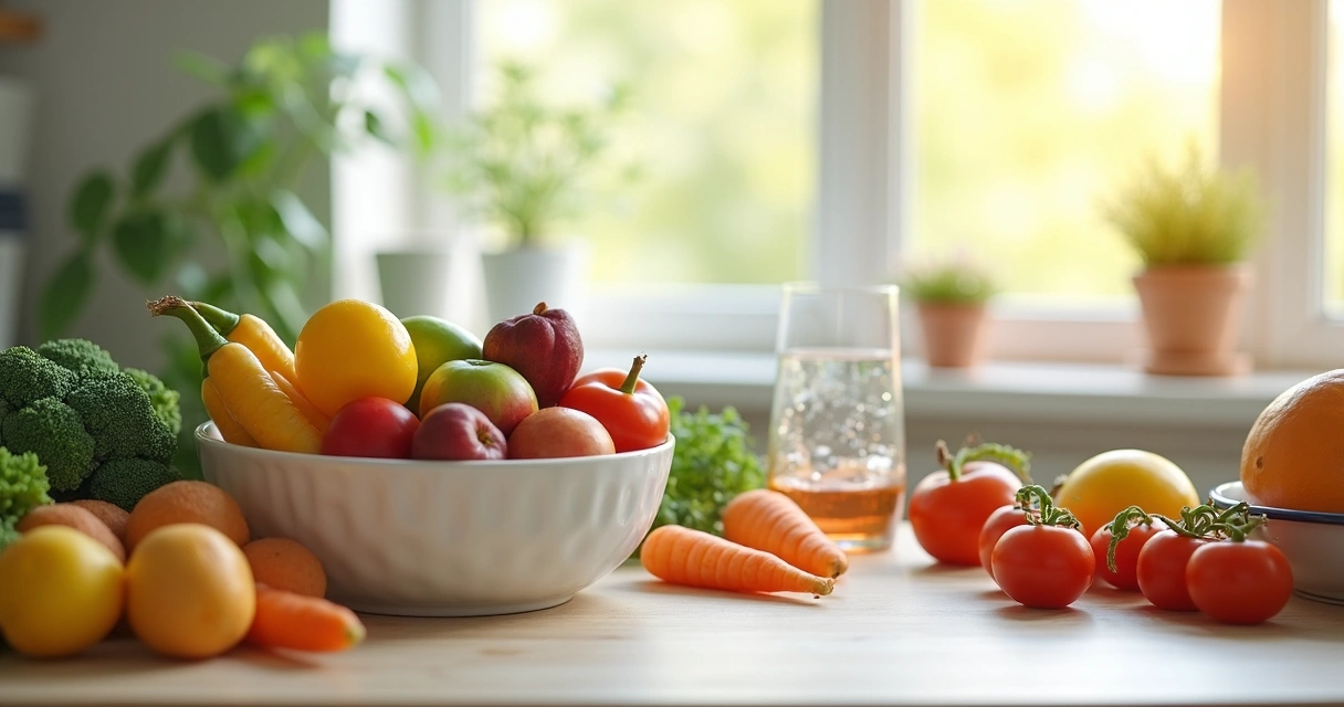 Mesa com frutas, legumes e água, representando hábitos saudáveis 
