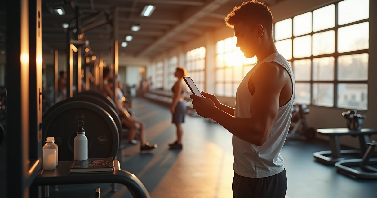 Jovem ajustando peso na barra enquanto marca treino no celular na academia 