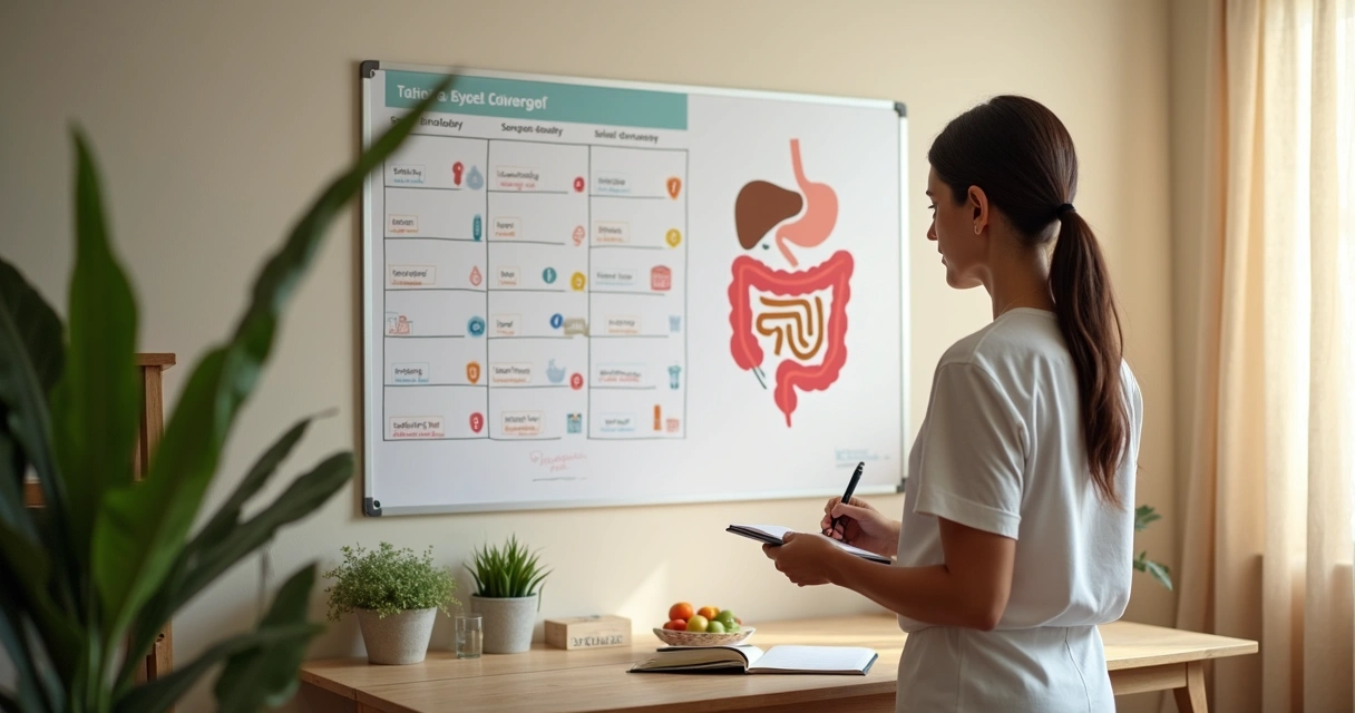 Pessoa observa calendário e desenhos de intestino em parede para monitorar hábito intestinal 