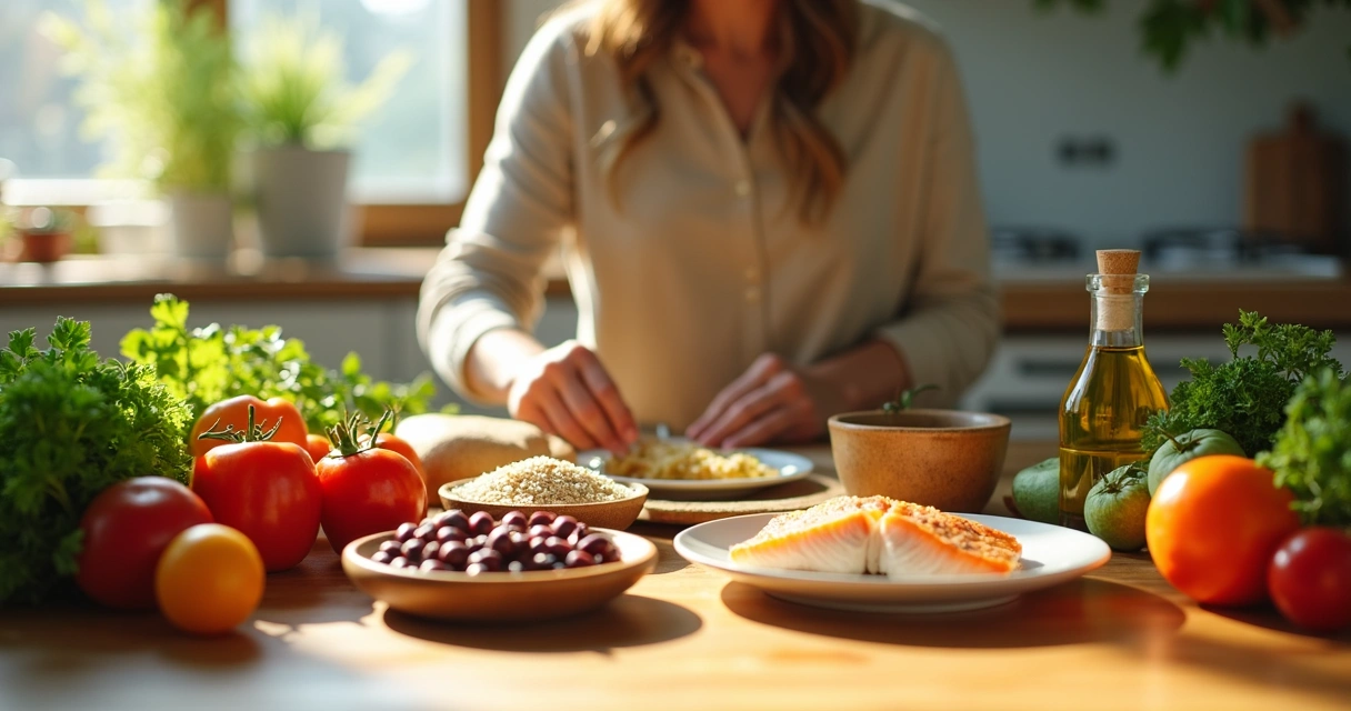 Persona sirviéndose alimentos variados y saludables en la mesa 