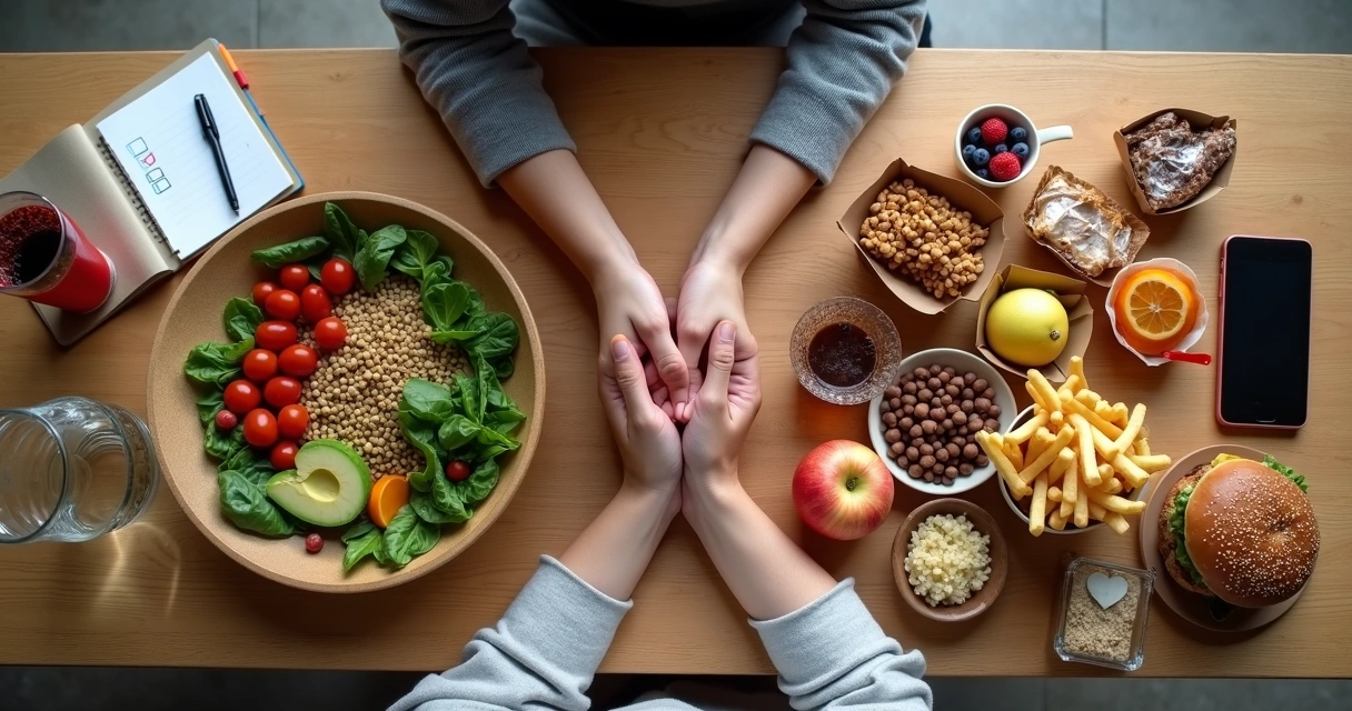 Pessoa escolhendo alimentos saudáveis em uma mesa dividida entre comida natural e ultraprocessada 