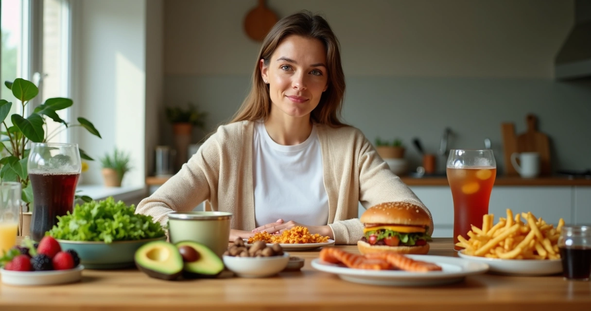 Mulher escolhendo entre alimentos naturais e ultraprocessados em uma mesa dividida ao meio 