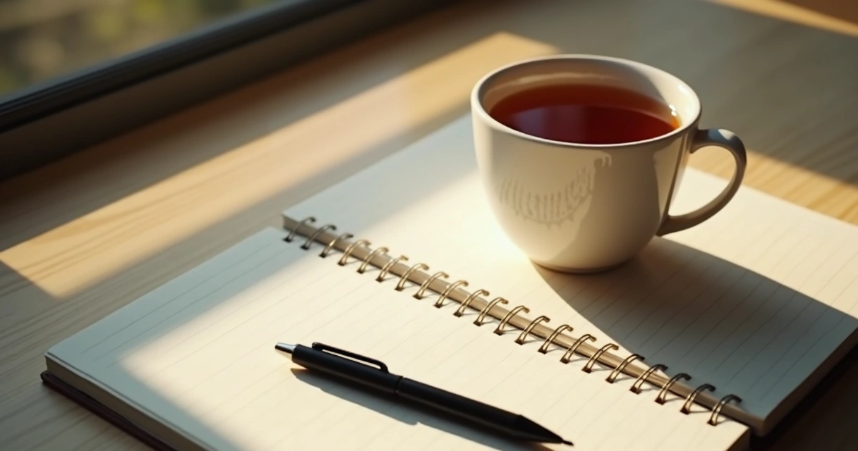 Agenda, caneta e xícara de chá sobre mesa, luz suave e ambiente tranquilo 