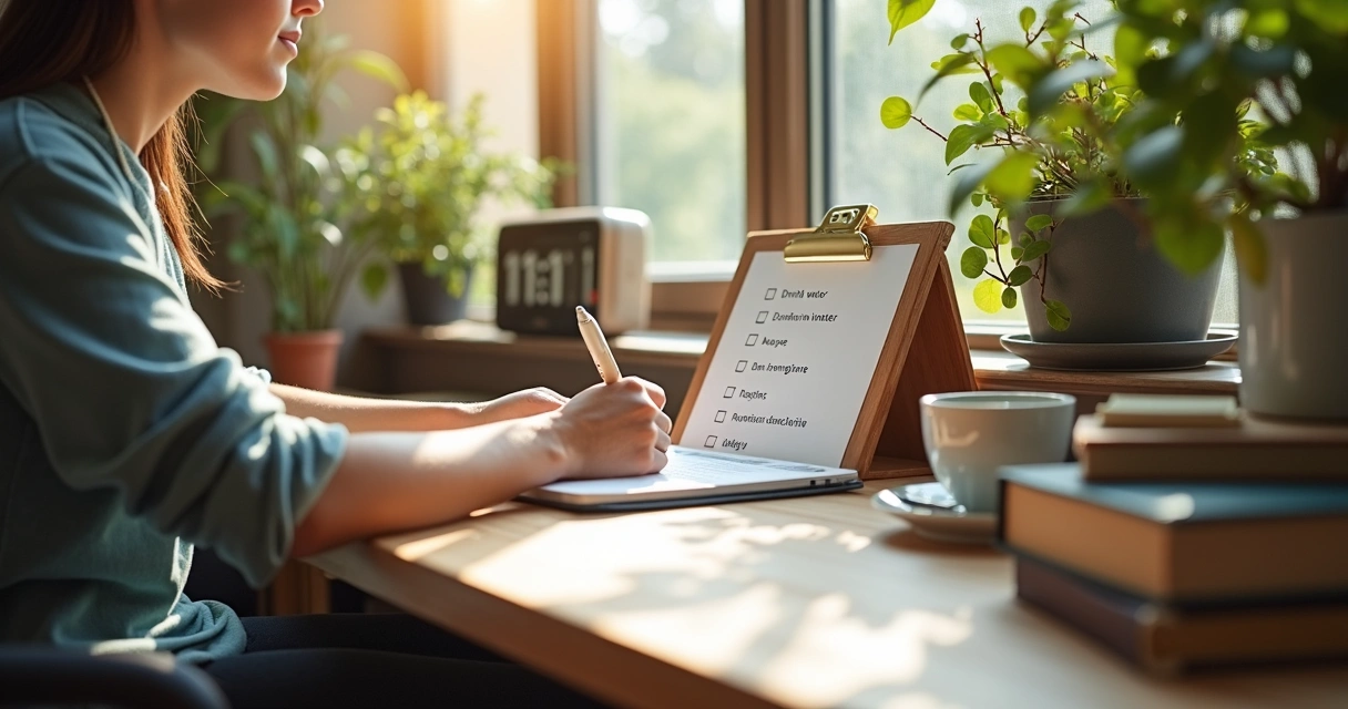 Persona en escritorio ordenado, checklist en mano, revisando hábitos diarios como agua, lectura y reflexión, mostrando disciplina y autoliderazgo. 