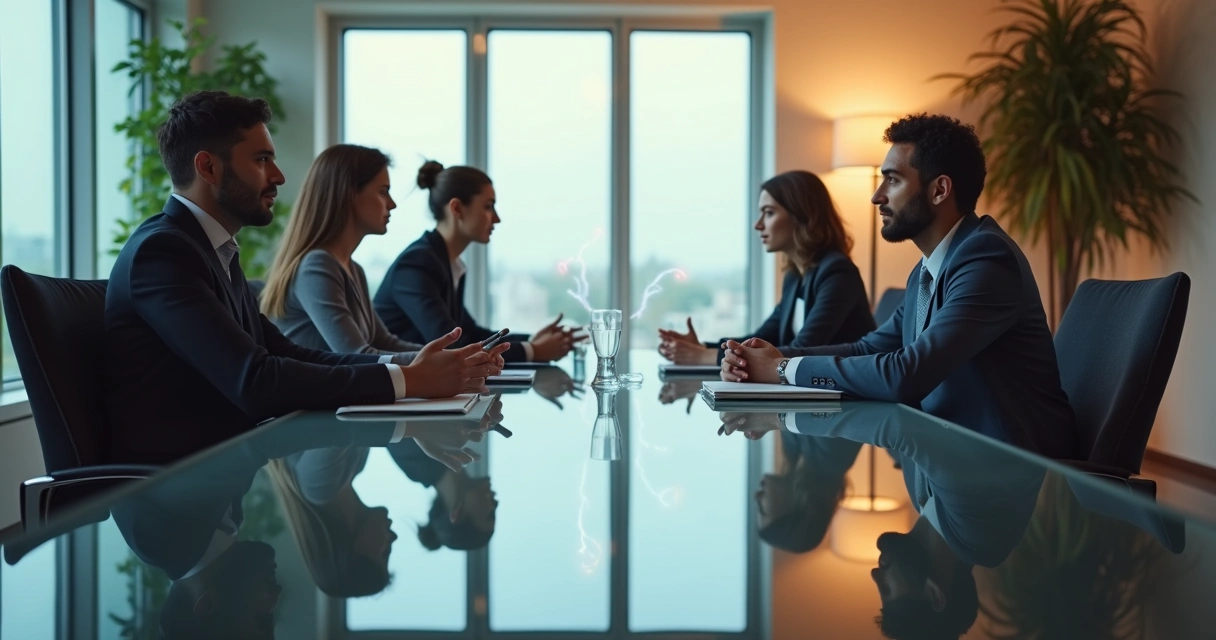 Profissionais em mesa espelhada observando reflexos que se conectam por linhas de luz 