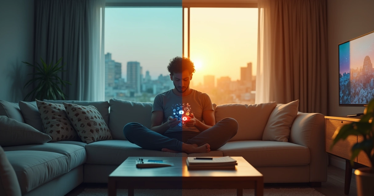 Pessoa dividida entre distrações e autoconhecimento sentado em frente a uma janela 