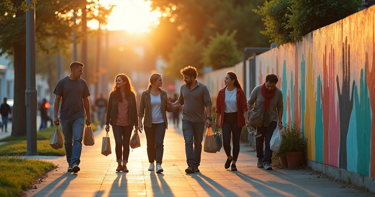 Grupo diverso de personas colaborando en acciones sociales urbanas 