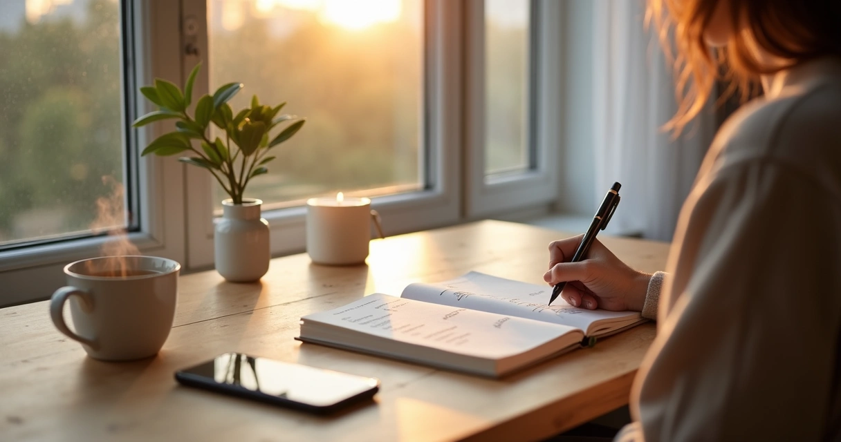 Pessoa iniciando a manhã com rotina consciente e organizada 
