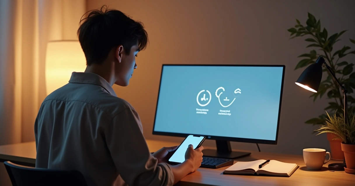 Pessoa usando notebook e smartphone com foco e calma em ambiente digital tranquilo 