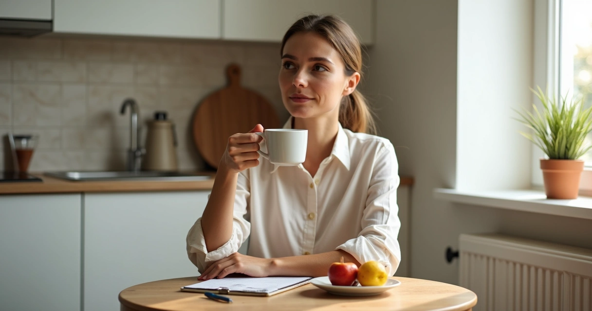 Pessoa sorrindo ao tomar café da manhã sozinha, refletindo, com luz natural suave 