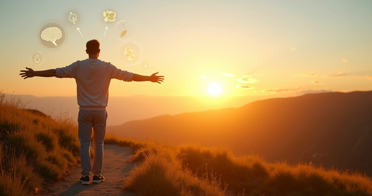 Pessoa em pé sobre uma trilha iluminada com elementos visuais representando crescimento humano ao redor 