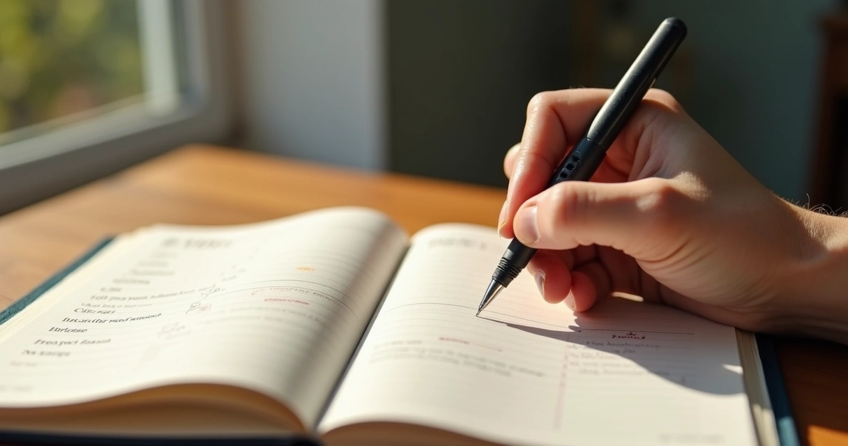 Mão escrevendo em diário sobre hábitos organizados 