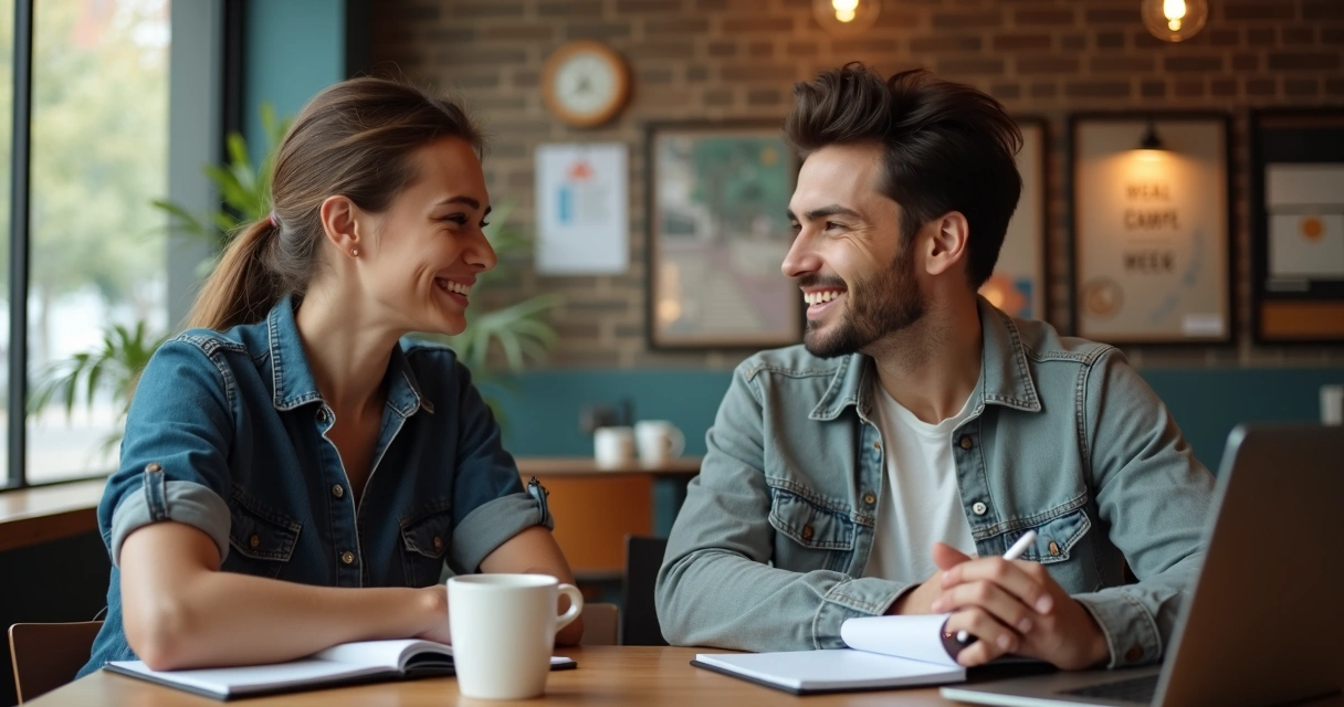 Duas pessoas conversando sobre metas semanais 