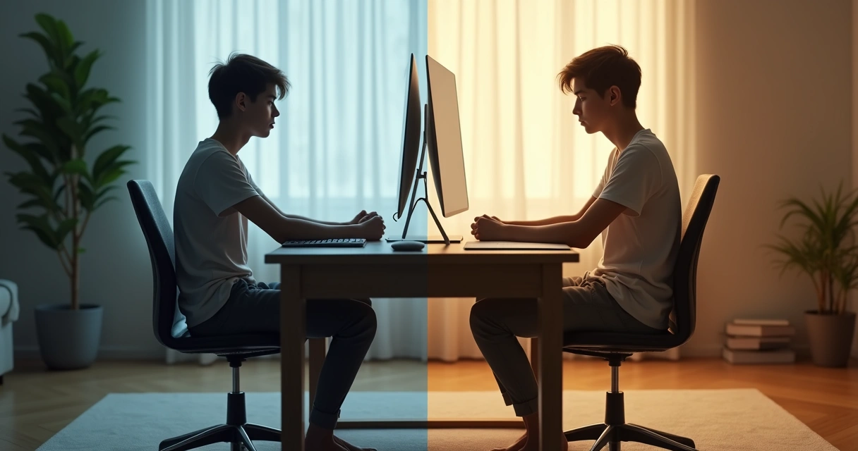 Pessoa sentada em postura ereta alternando entre corpo tenso e corpo relaxado em ambiente calmo 