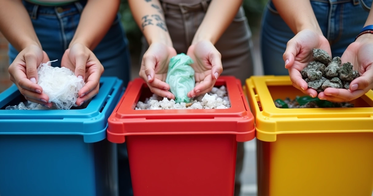Mãos diferentes reciclando materiais em recipientes coloridos 