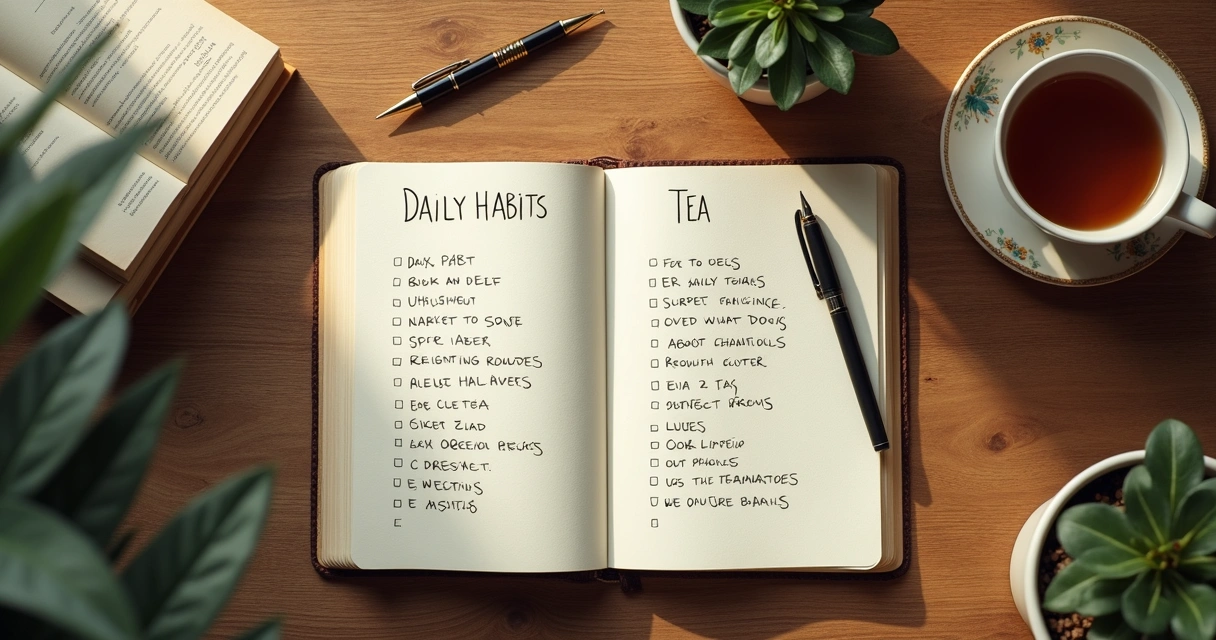 Caderno aberto com hábitos escritos, livros, caneta e chá 