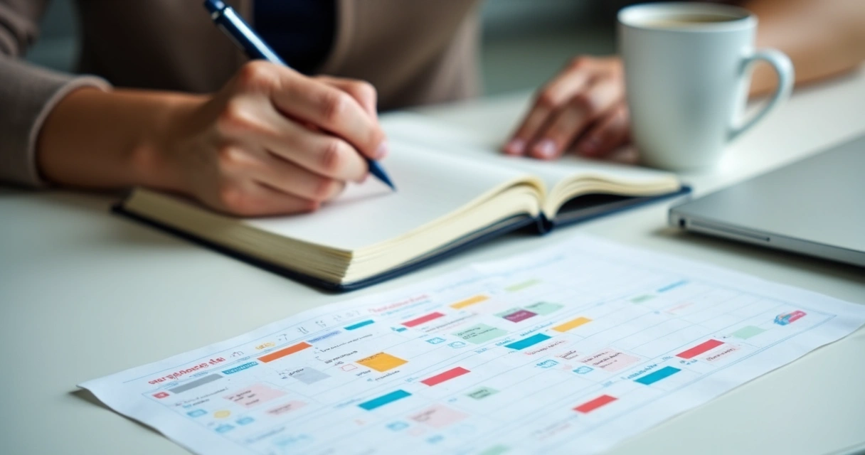 Persona escribiendo en un diario y revisando una lista de tareas 